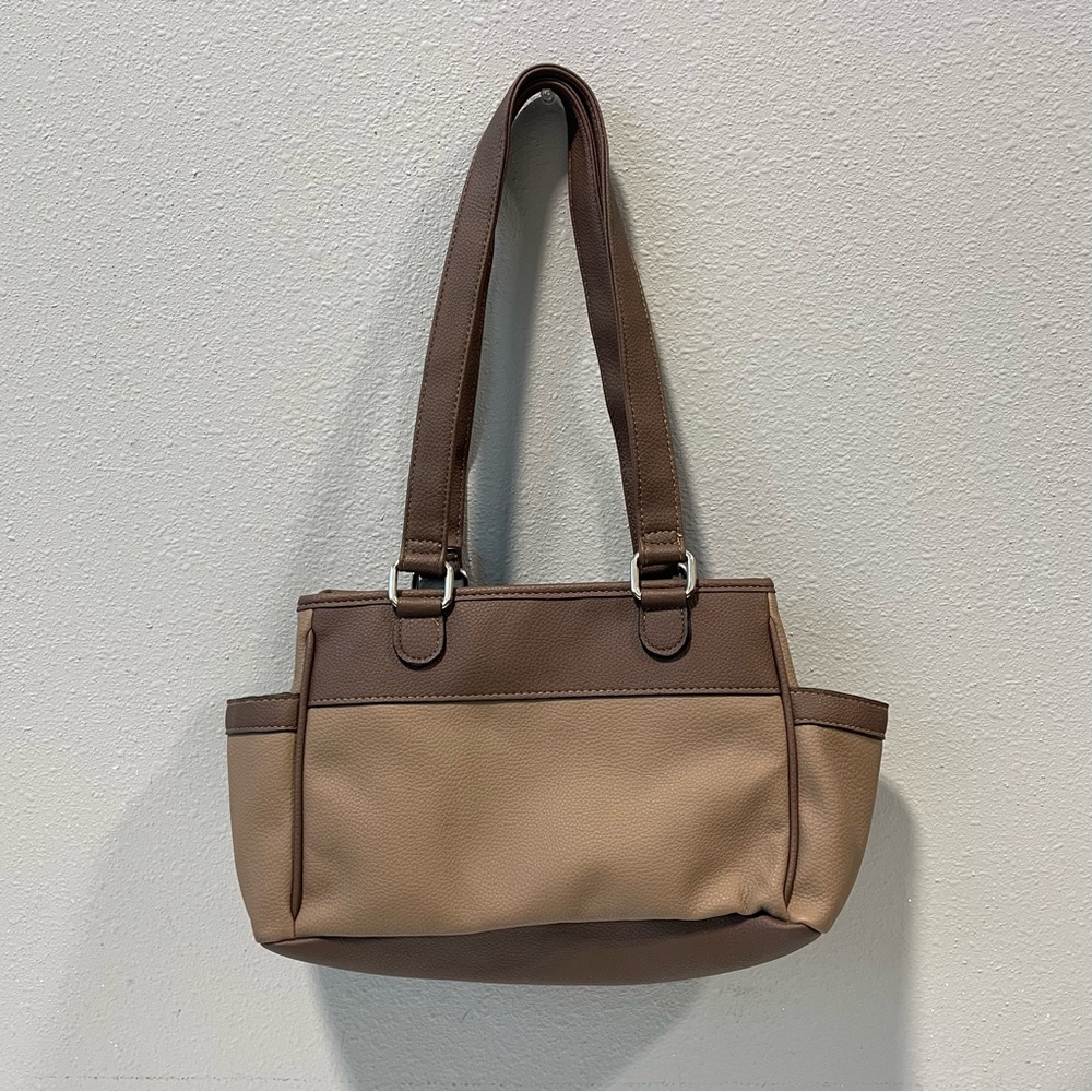 Faux Leather Double Opening Center Zip Purse Hobo Bag Brown And Tan